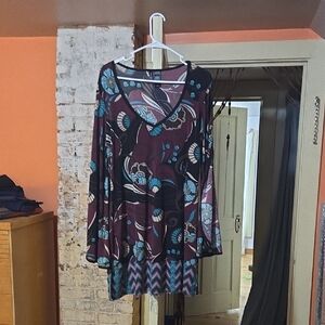 Bisou Bisou Floral and Geometric Midi Dress - Burgundy and Teal